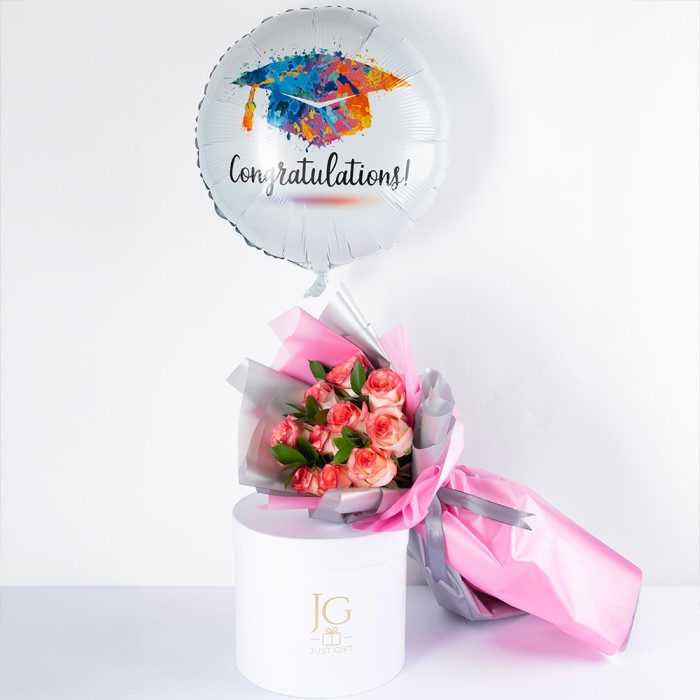 pink roses graduation hand bouquet