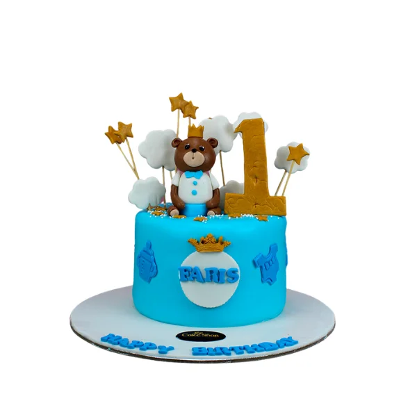 A cake with a bear design on it